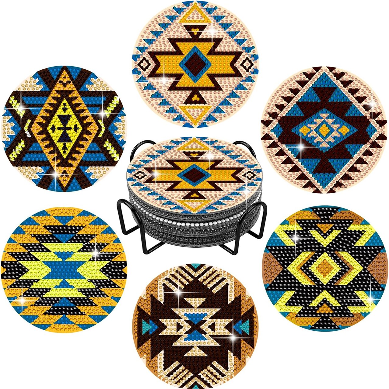 6-Piece DIY Diamond Painting Coasters with Holder – Aztec Style Diamond Art Kit for Adults & Beginners, Small Craft Painting Set for Home & Office